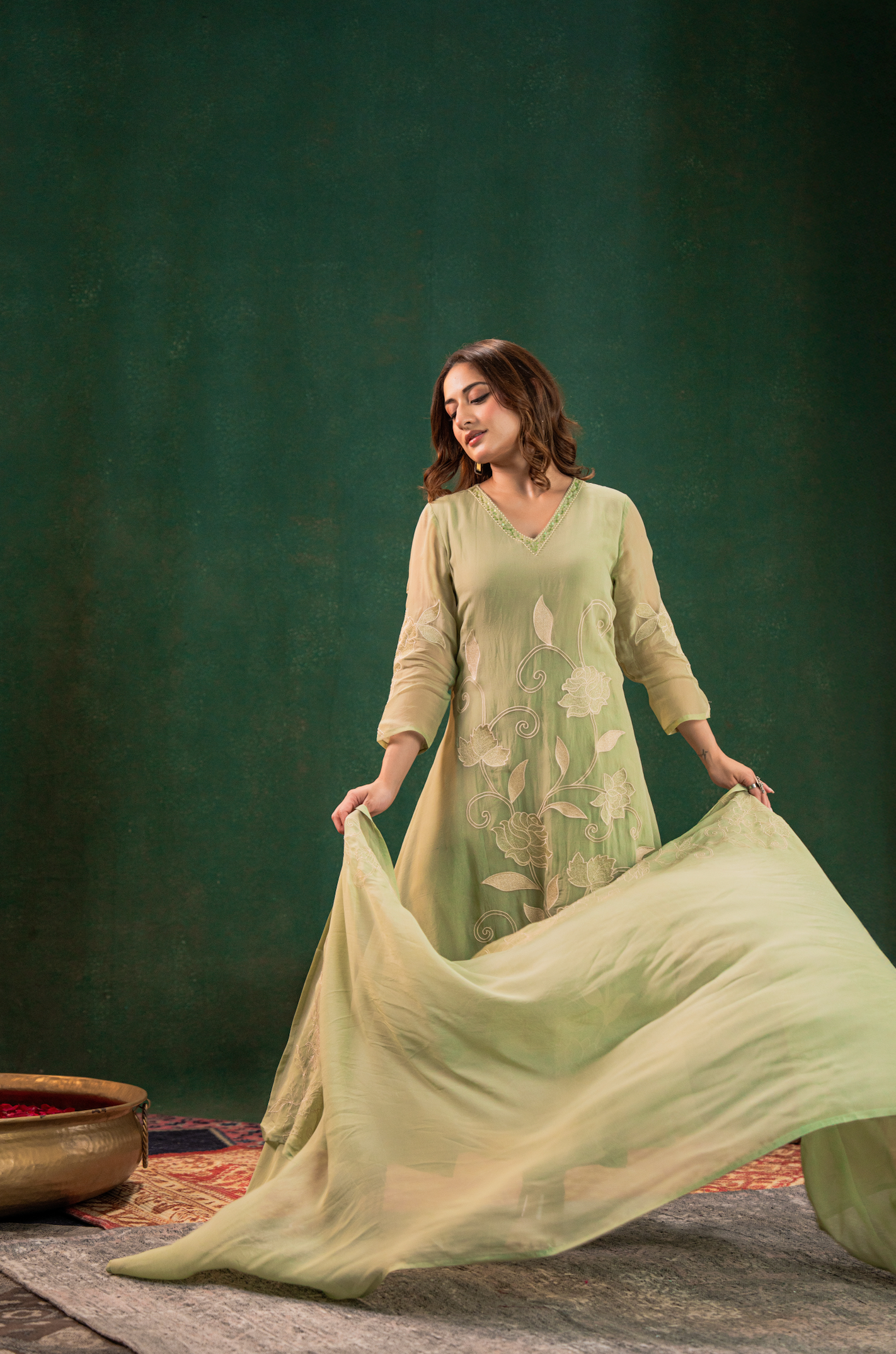 Pistachio Pearl Silk Suit Set