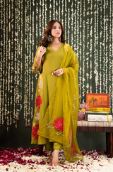 Olive Aura Crush Chanderi Suit Set