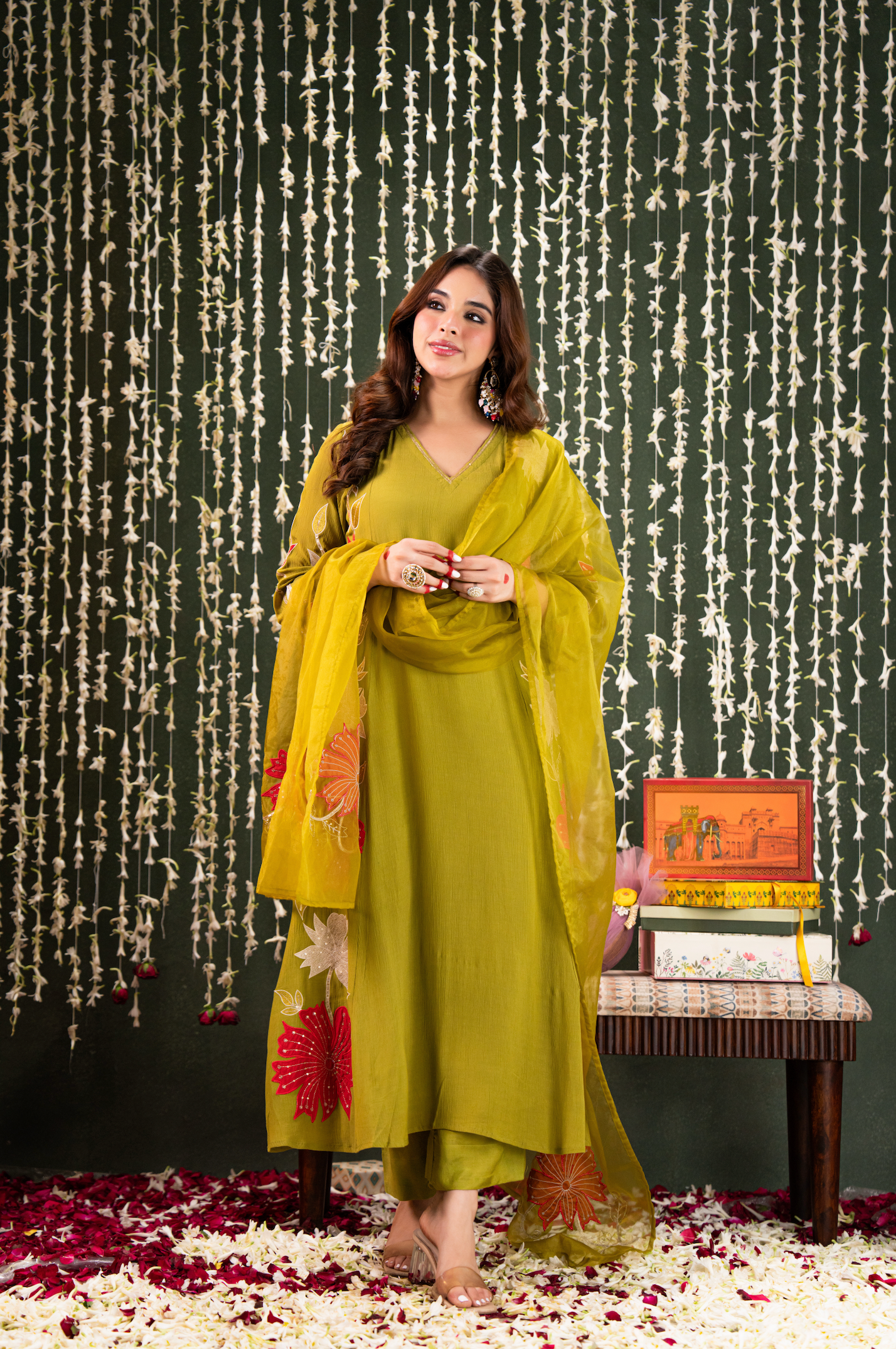 Olive Aura Crush Chanderi Suit Set