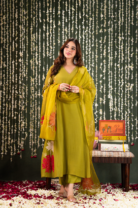 Olive Aura Crush Chanderi Suit Set