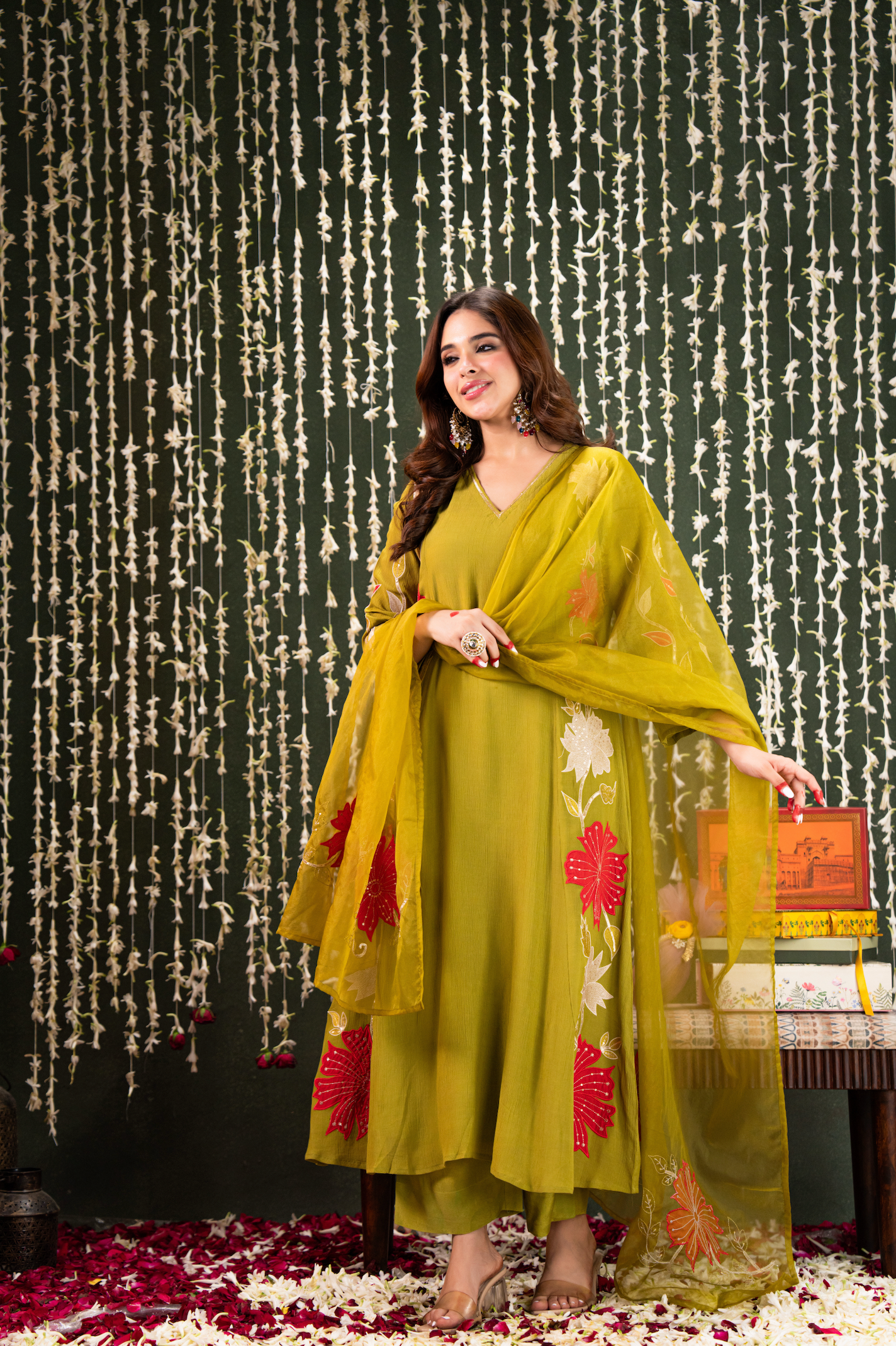 Olive Aura Crush Chanderi Suit Set