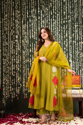 Olive Aura Crush Chanderi Suit Set