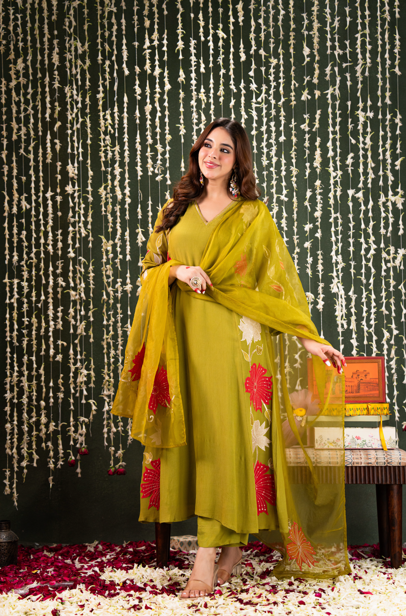 Olive Aura Crush Chanderi Suit Set