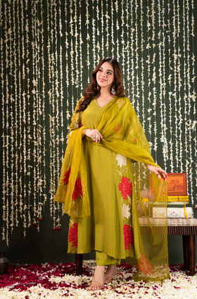 Olive Aura Crush Chanderi Suit Set