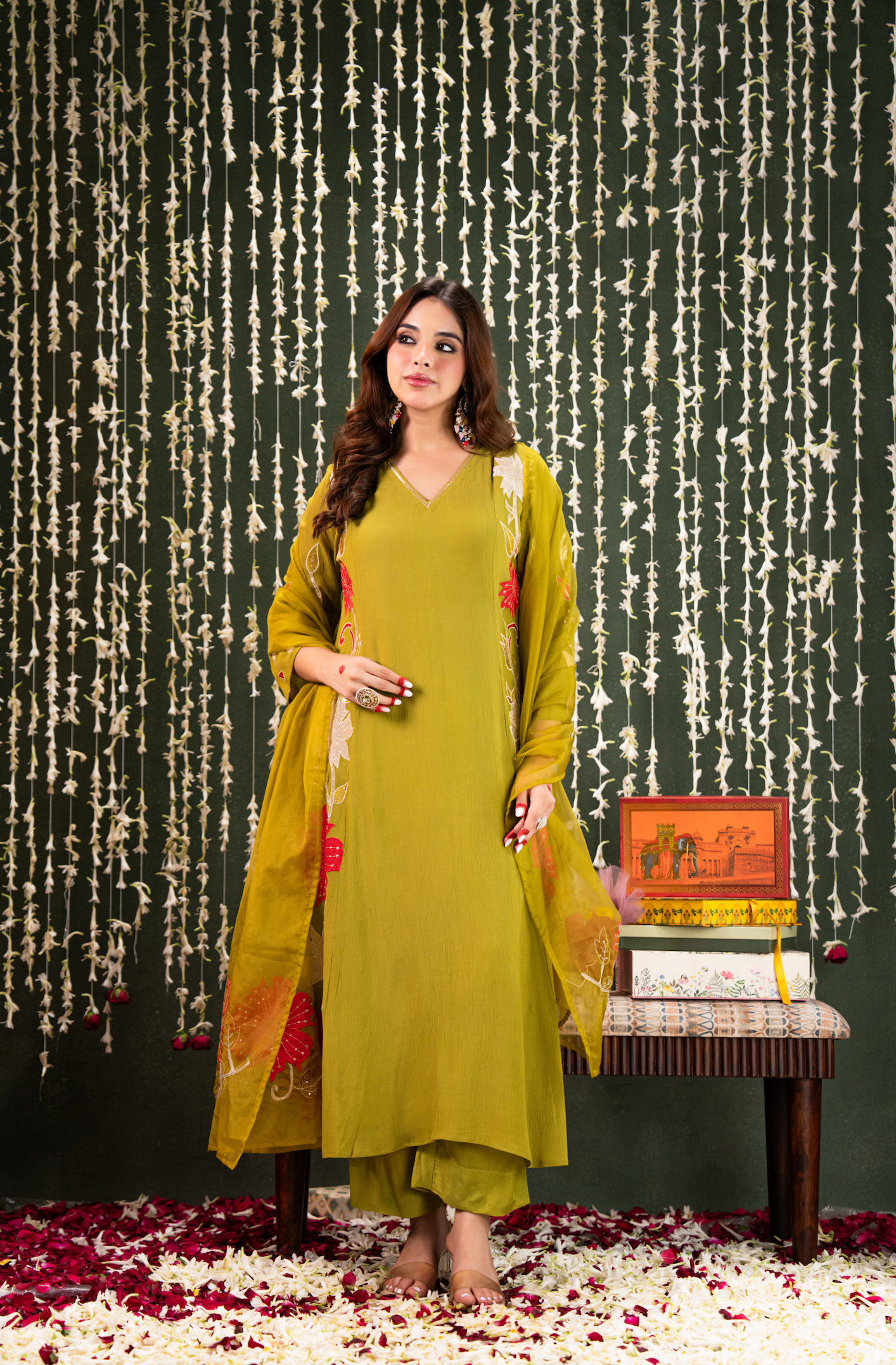 Olive Aura Crush Chanderi Suit Set