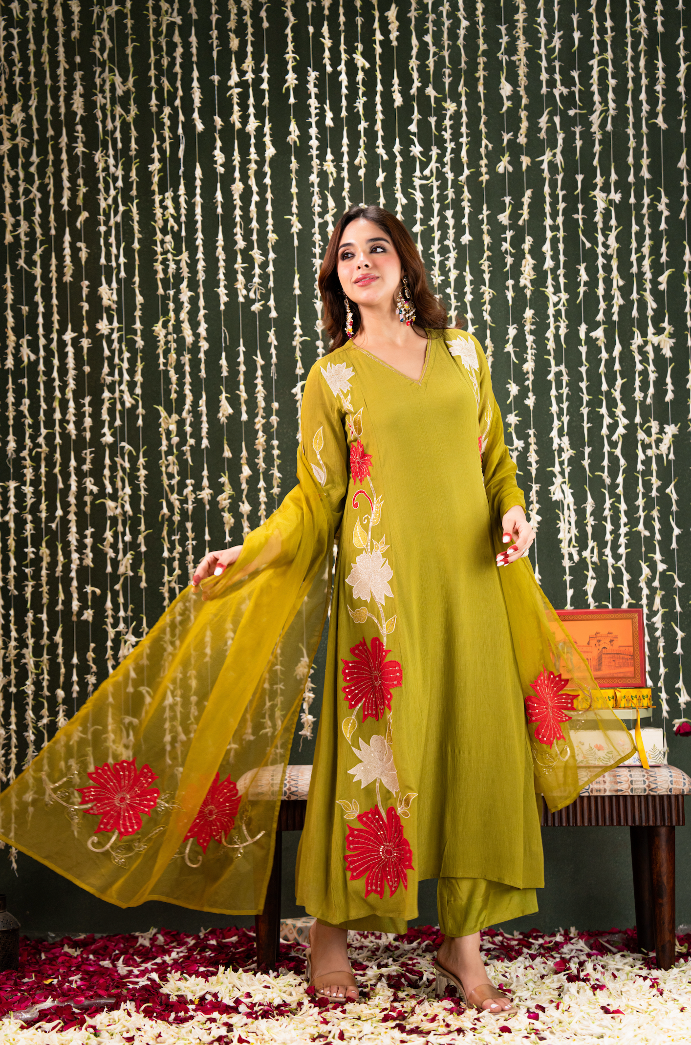 Olive Aura Crush Chanderi Suit Set
