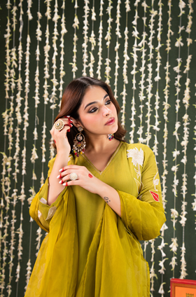 Olive Aura Crush Chanderi Suit Set