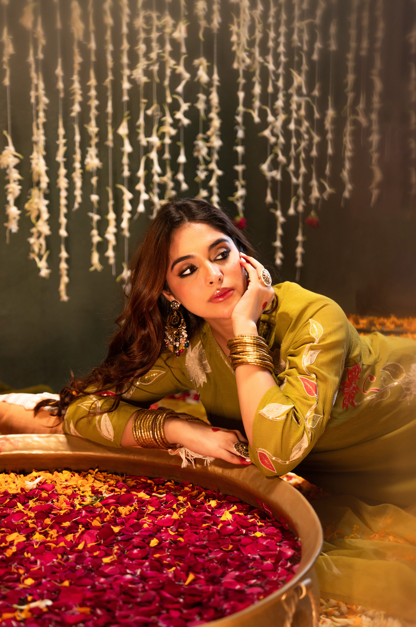 Olive Aura Crush Chanderi Suit Set