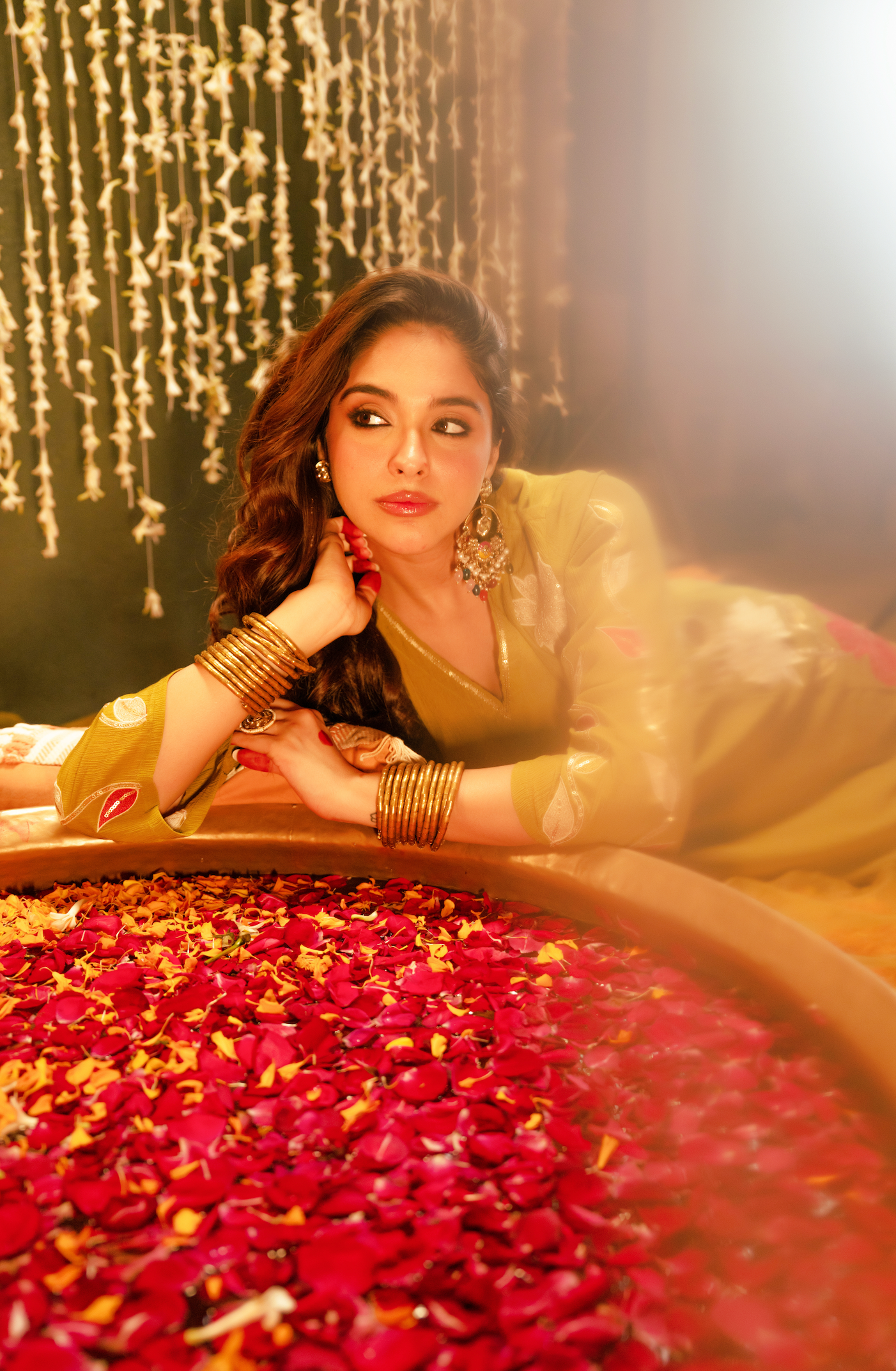Olive Aura Crush Chanderi Suit Set