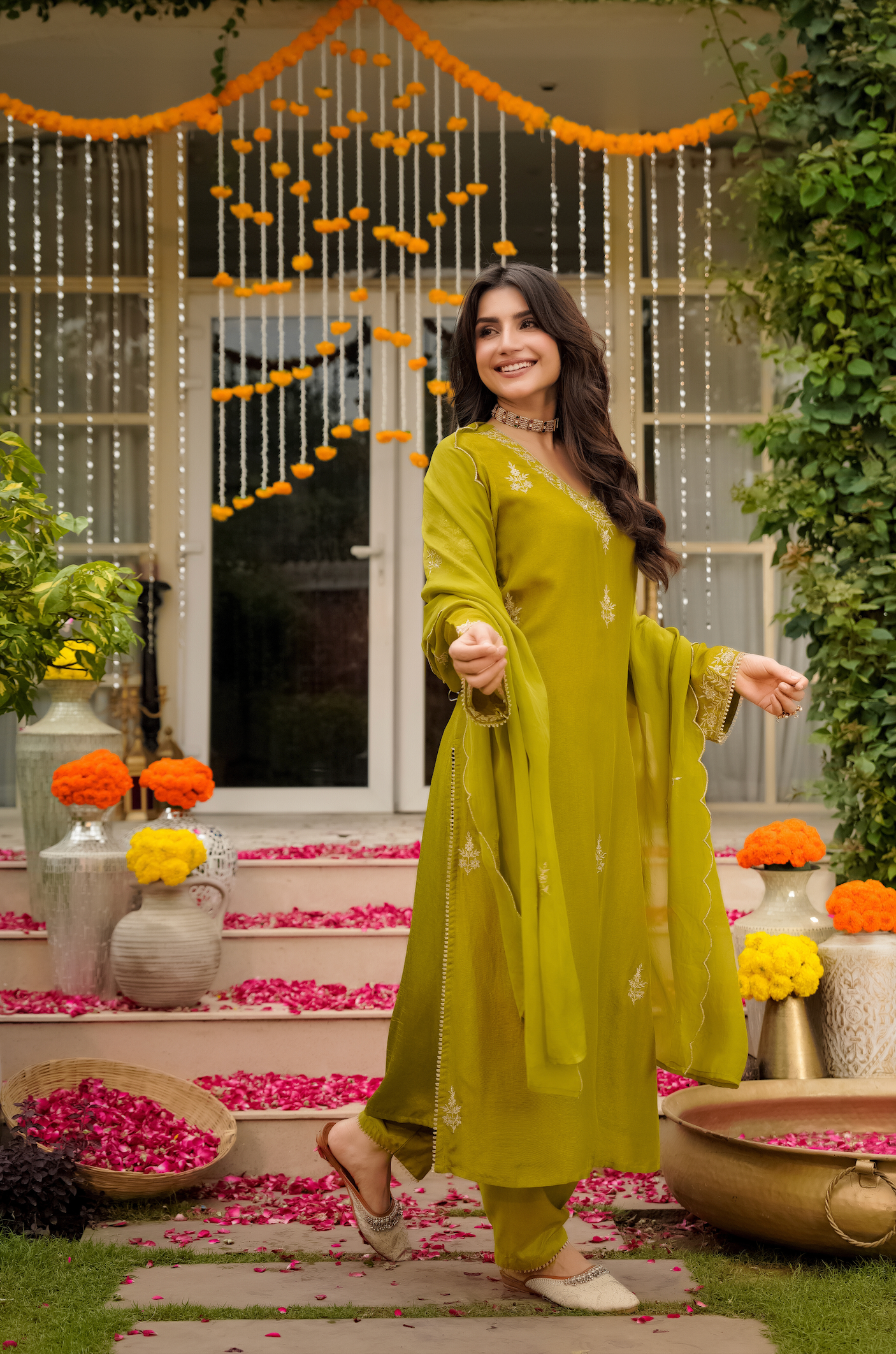 Olive Bloom Pure Russian Silk Suit Set