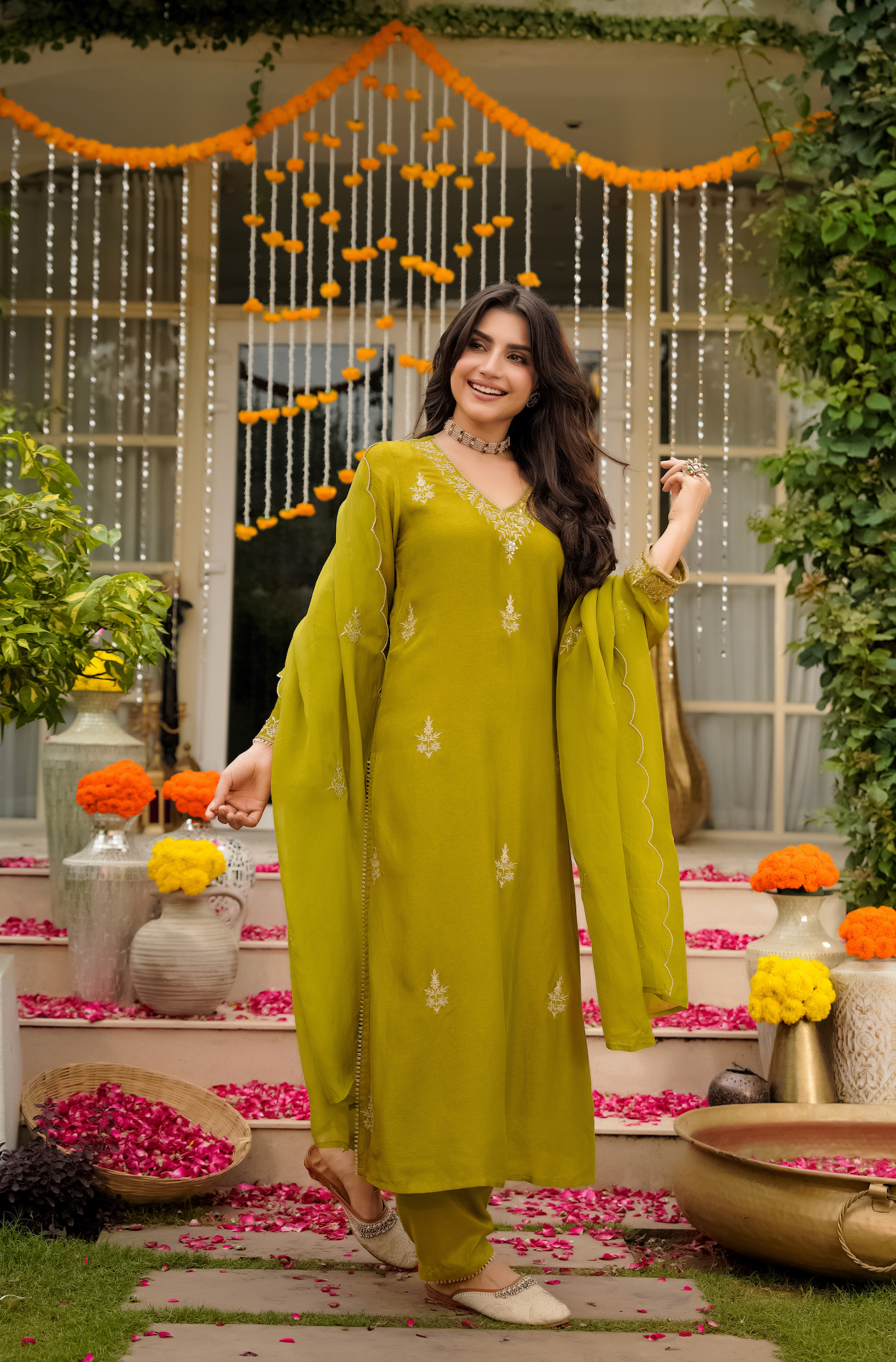 Olive Bloom Pure Russian Silk Suit Set