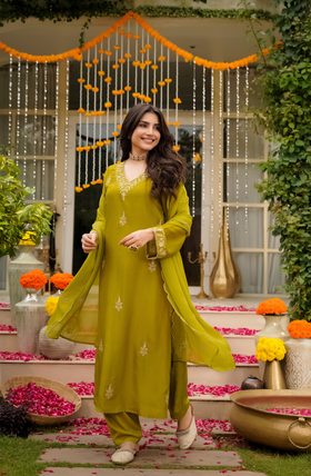 Olive Bloom Pure Russian Silk Suit Set