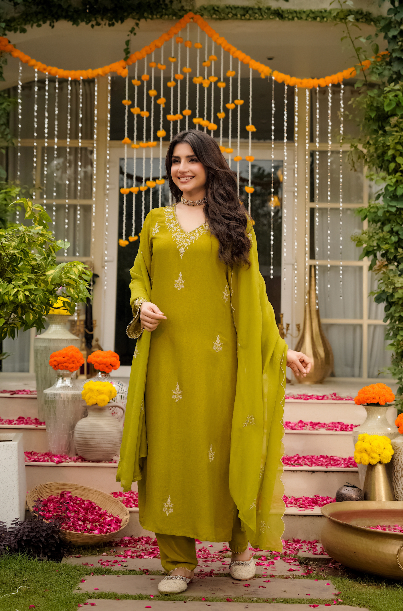 Olive Bloom Pure Russian Silk Suit Set