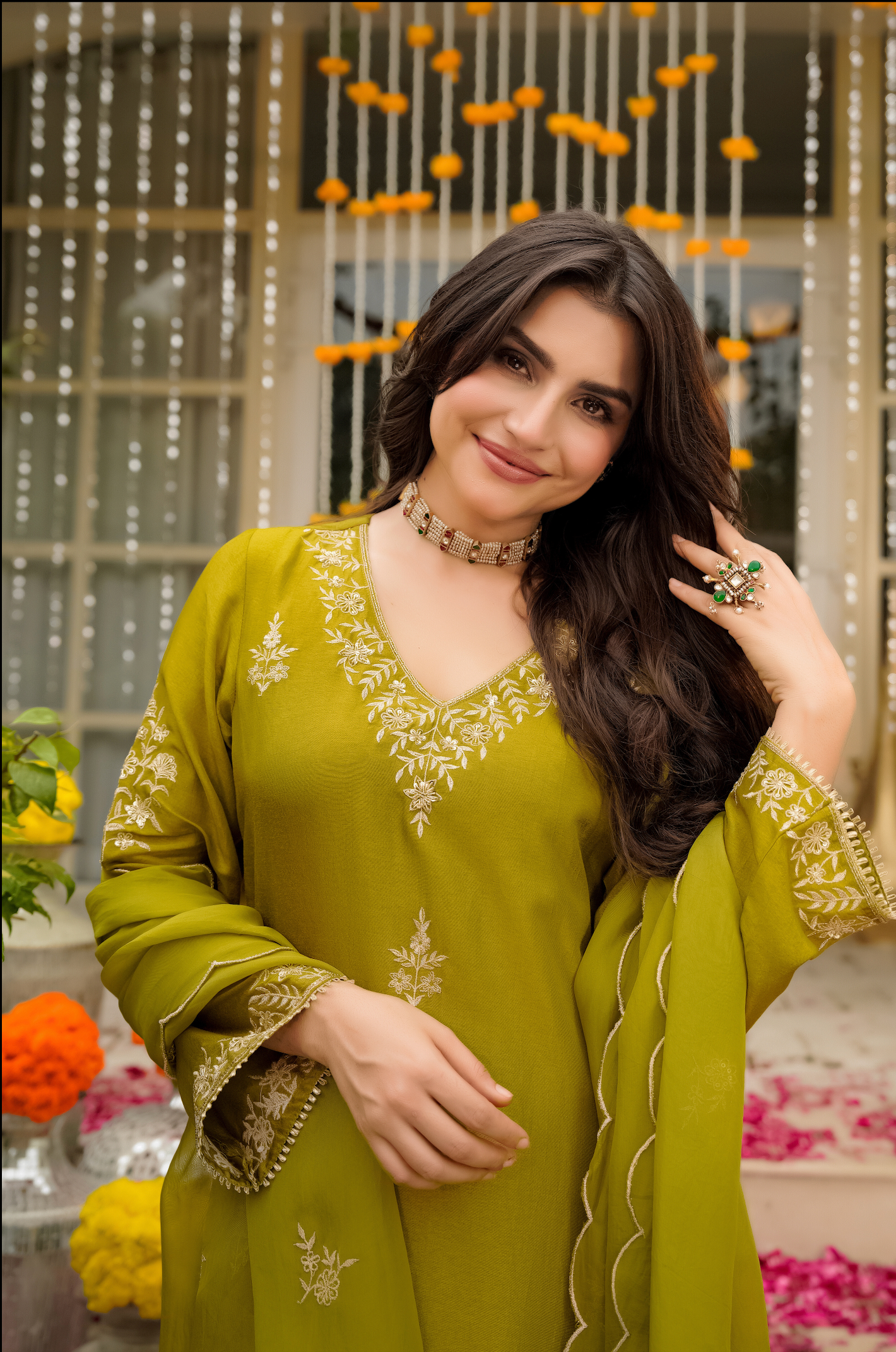 Olive Bloom Pure Russian Silk Suit Set