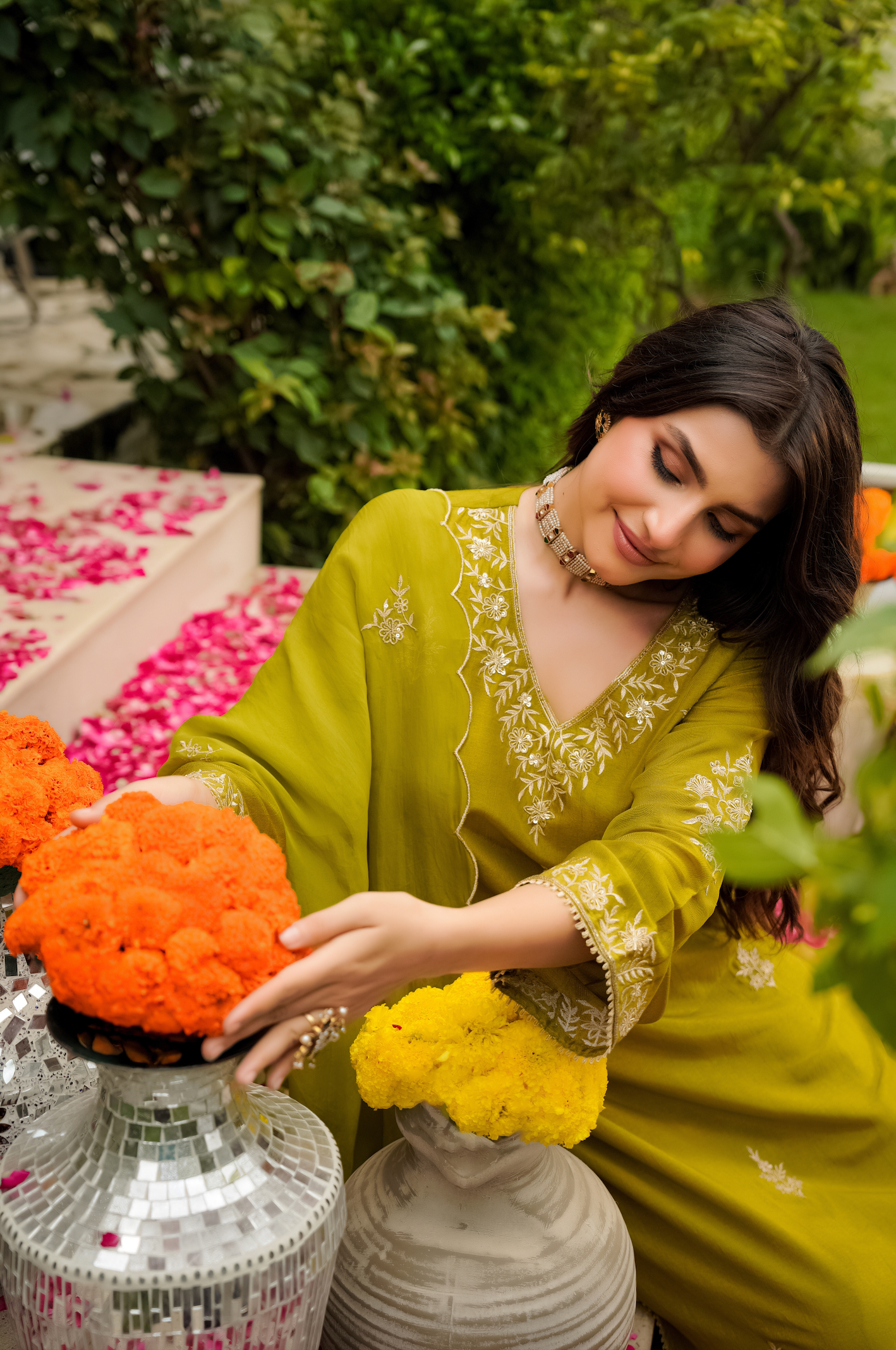 Olive Bloom Pure Russian Silk Suit Set