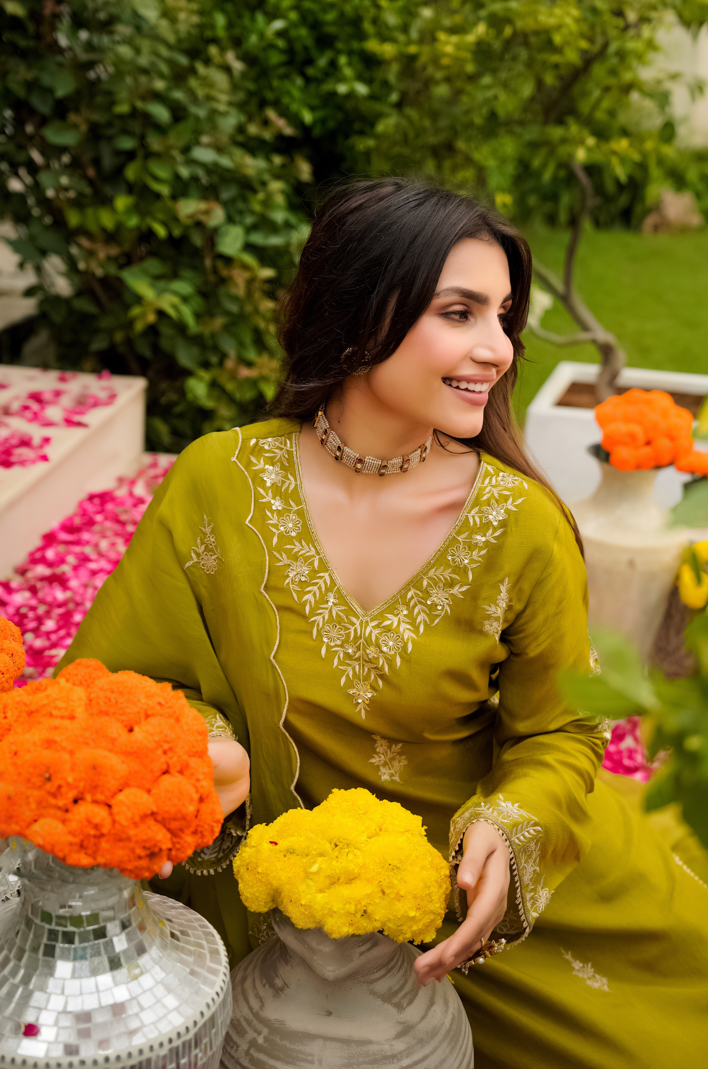 Olive Bloom Pure Russian Silk Suit Set