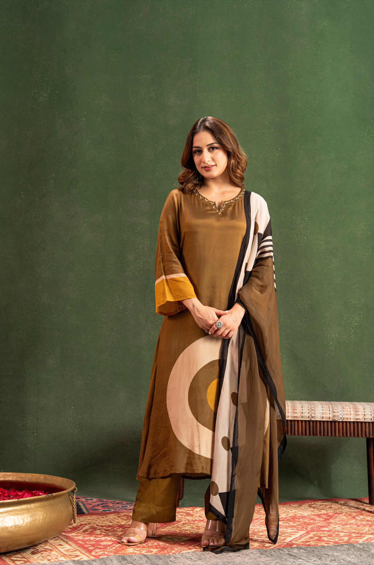Olive Brown Elegance Pure Muslin Suit Set