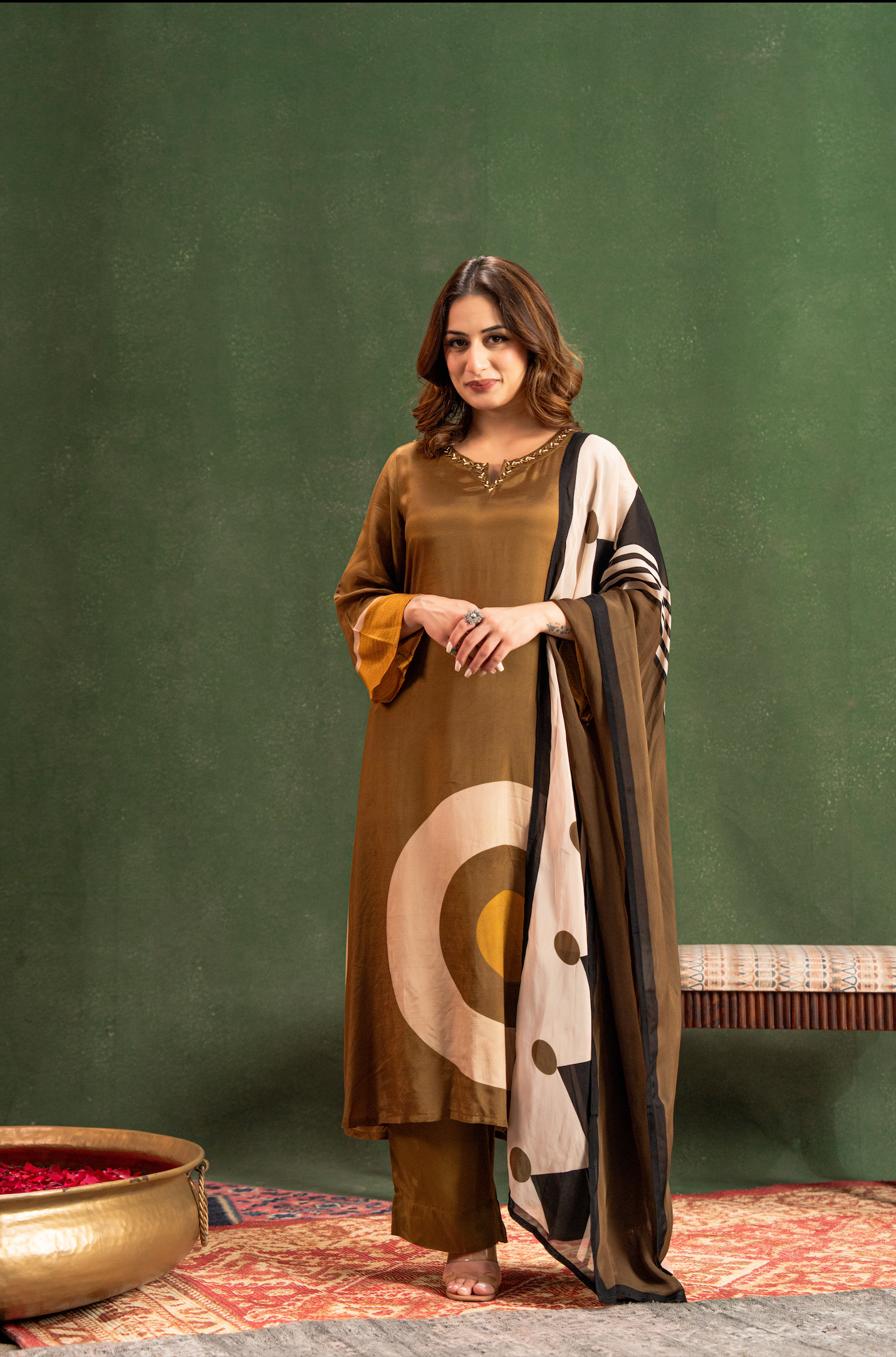 Olive Brown Elegance Pure Muslin Suit Set