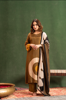 Olive Brown Elegance Pure Muslin Suit Set