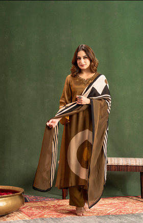 Olive Brown Elegance Pure Muslin Suit Set