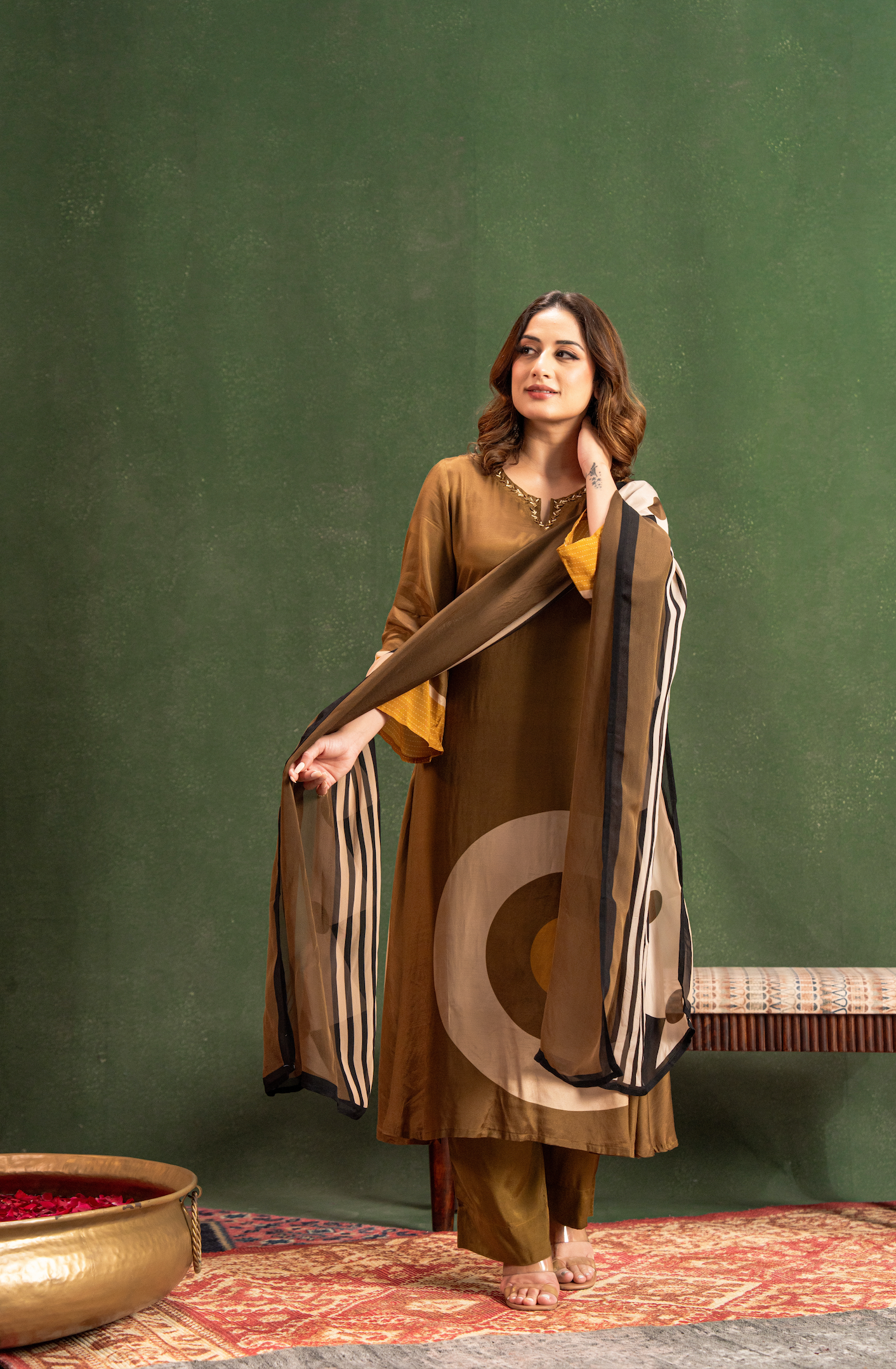 Olive Brown Elegance Pure Muslin Suit Set