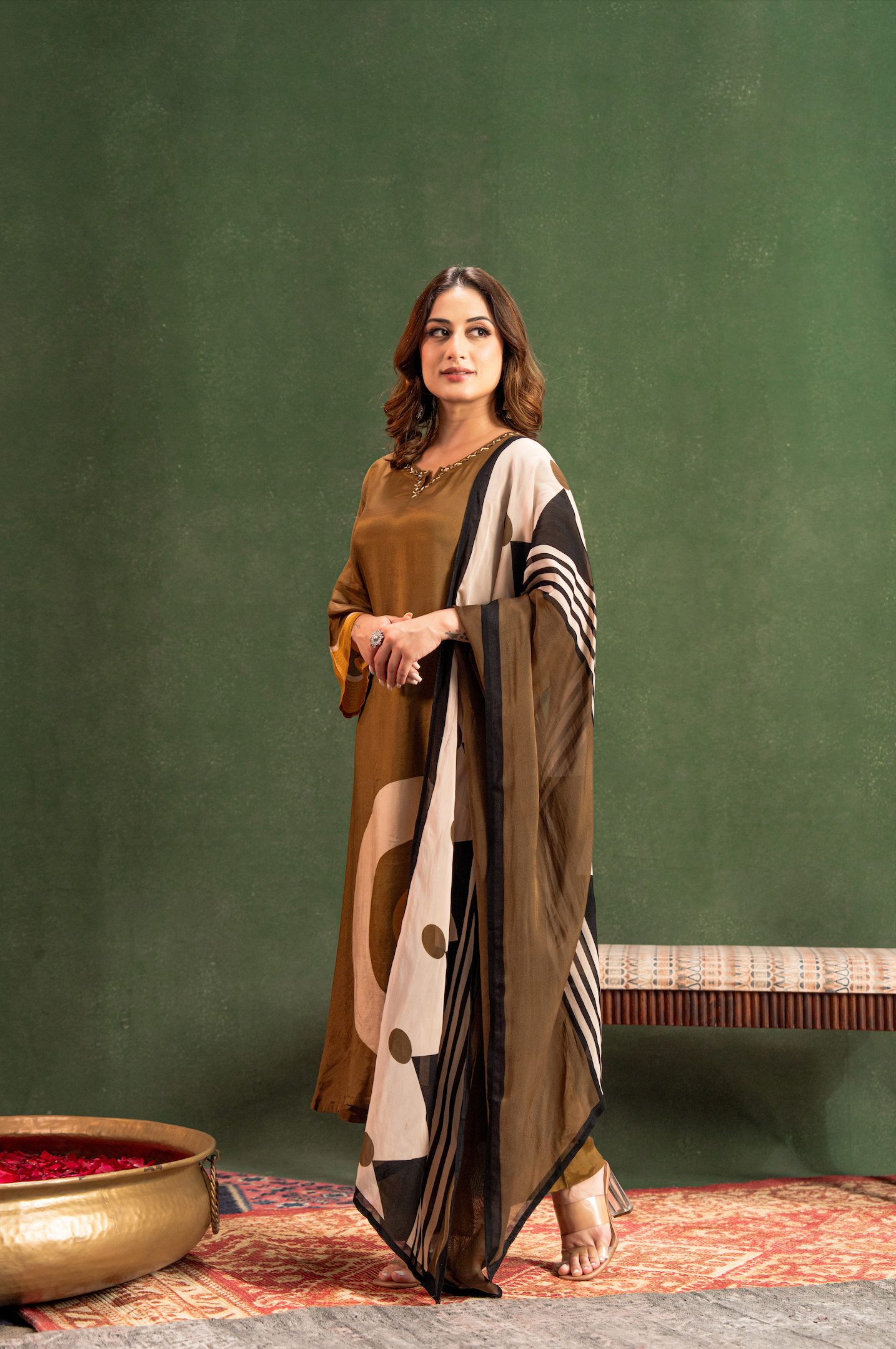 Olive Brown Elegance Pure Muslin Suit Set