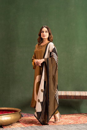 Olive Brown Elegance Pure Muslin Suit Set