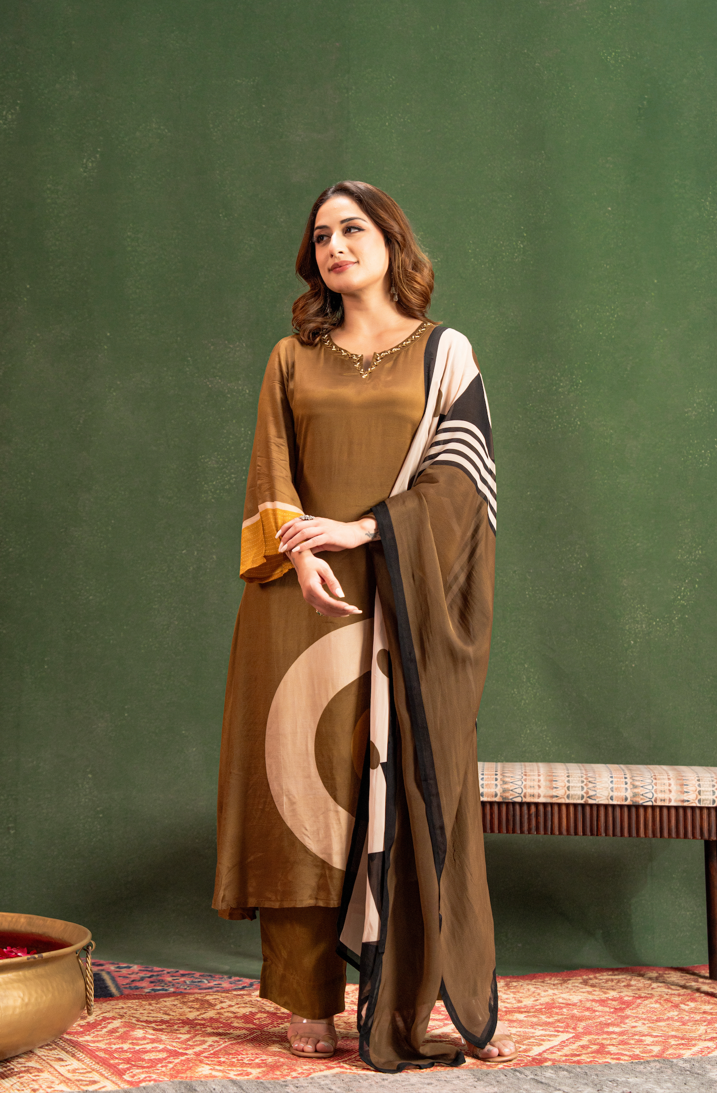 Olive Brown Elegance Pure Muslin Suit Set