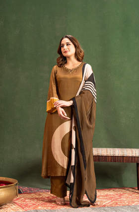 Olive Brown Elegance Pure Muslin Suit Set