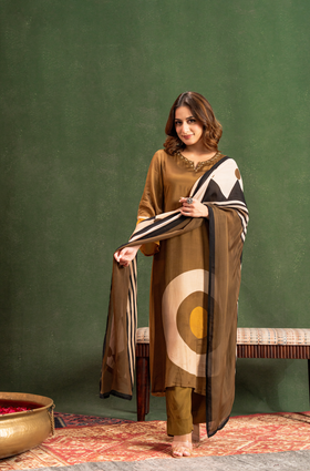 Olive Brown Elegance Pure Muslin Suit Set
