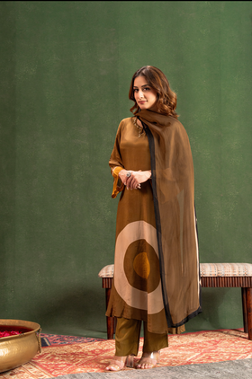 Olive Brown Elegance Pure Muslin Suit Set