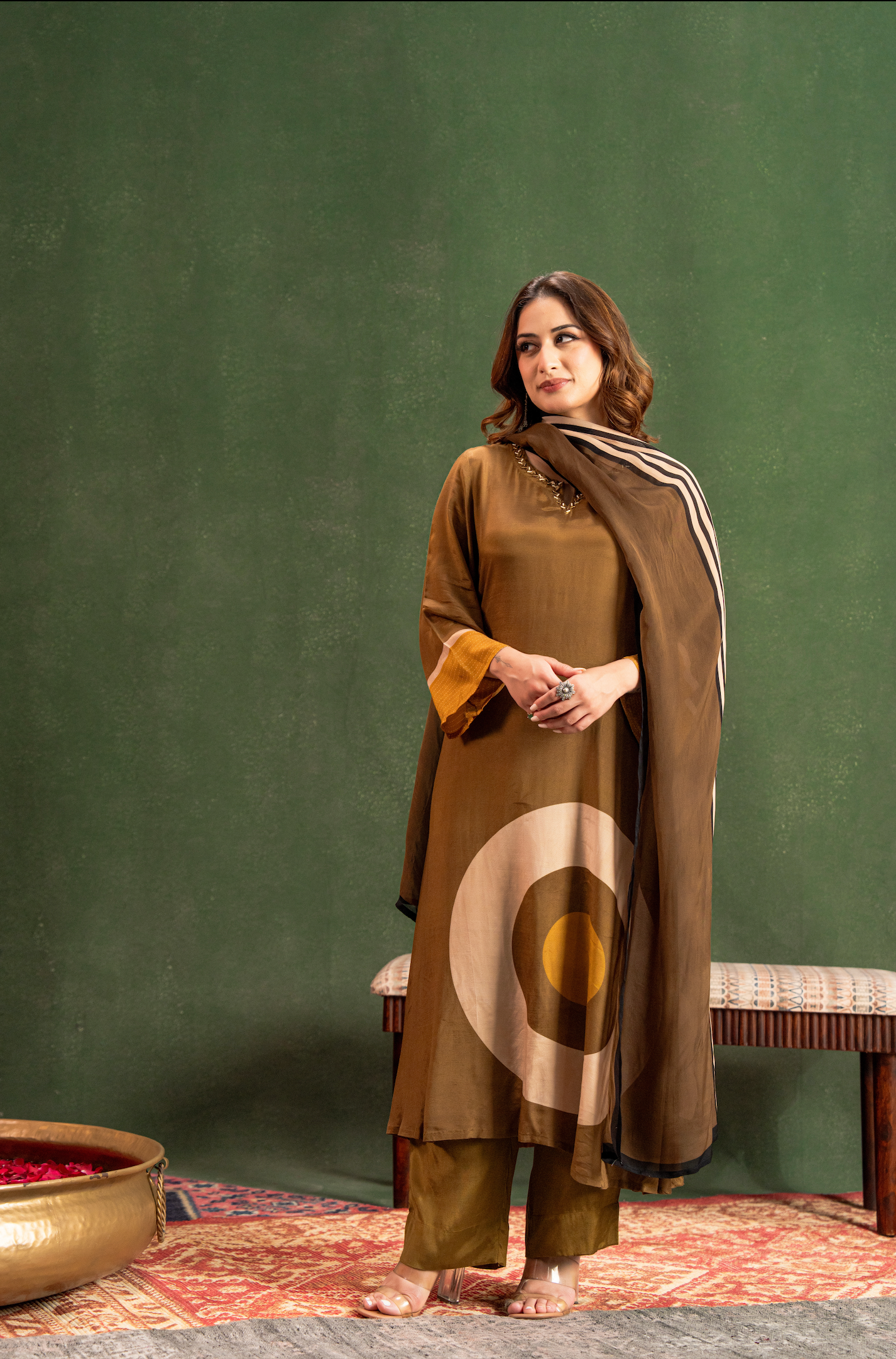 Olive Brown Elegance Pure Muslin Suit Set