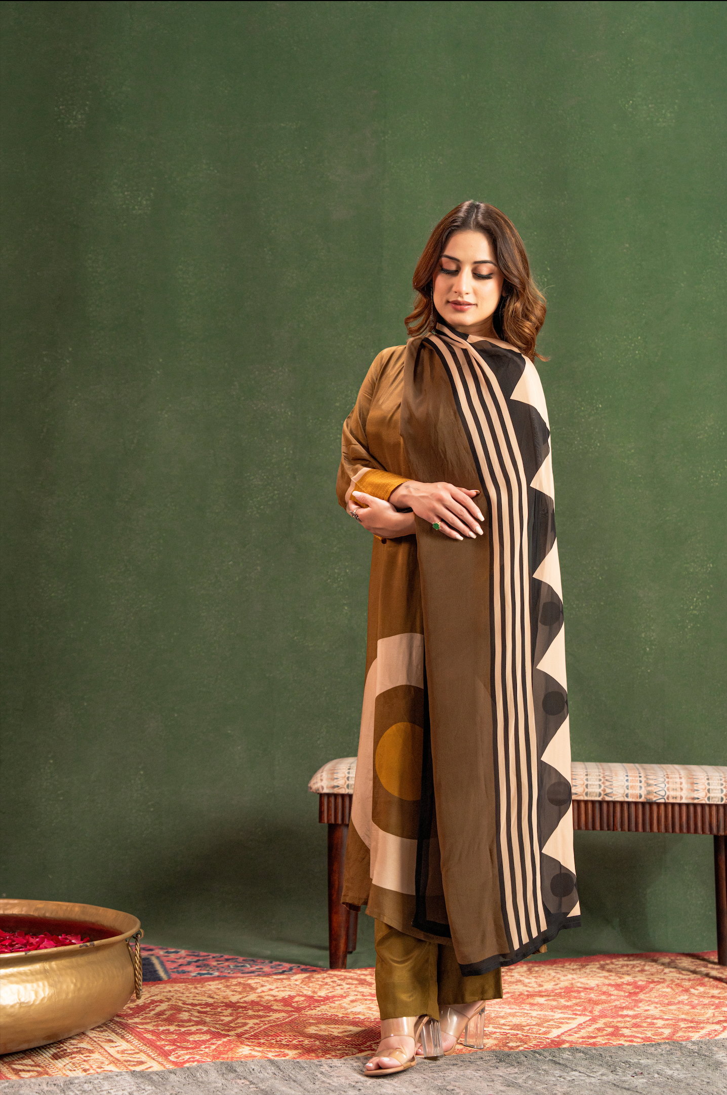 Olive Brown Elegance Pure Muslin Suit Set