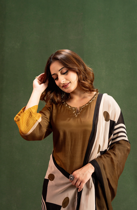 Olive Brown Elegance Pure Muslin Suit Set