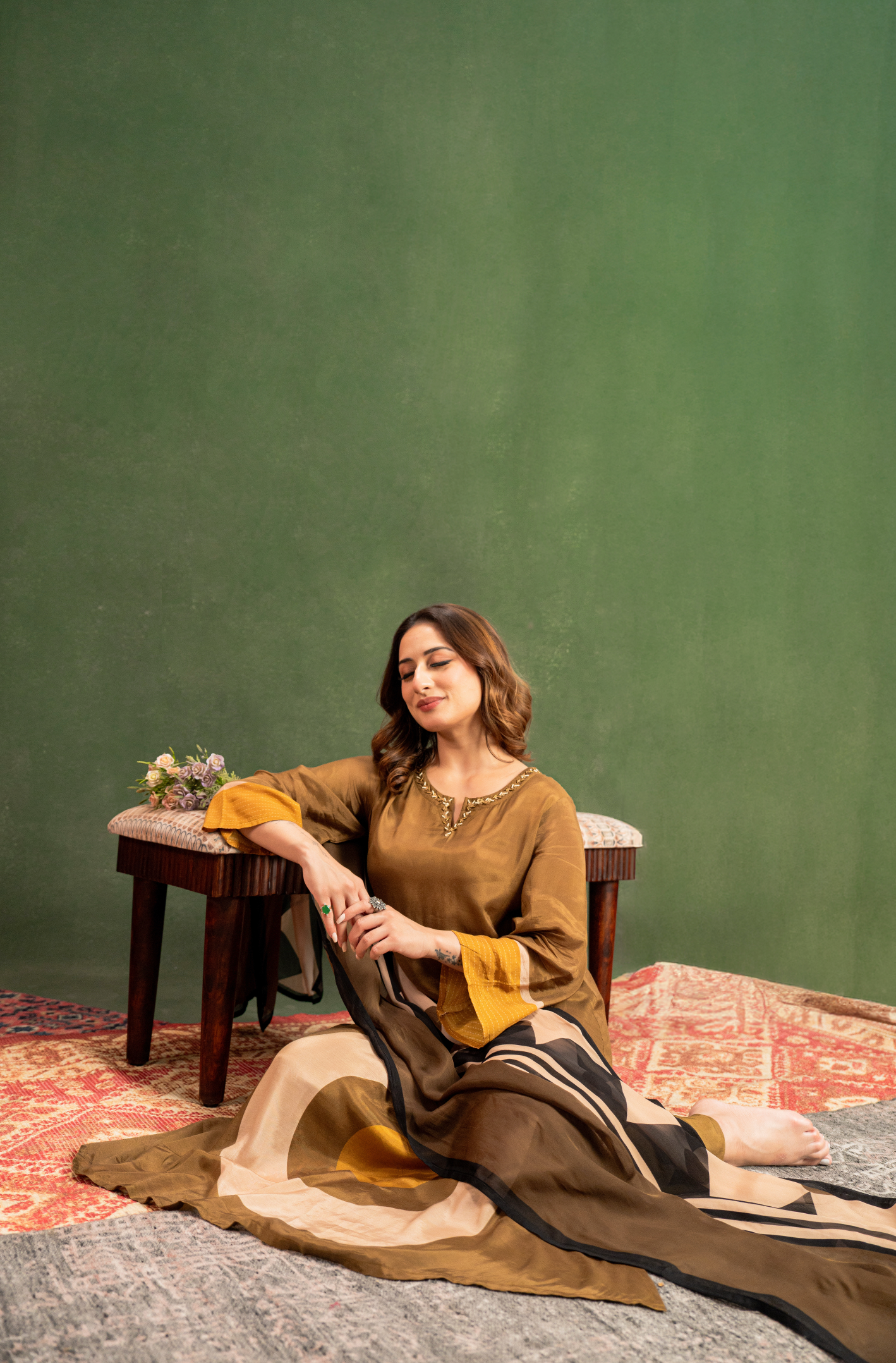 Olive Brown Elegance Pure Muslin Suit Set