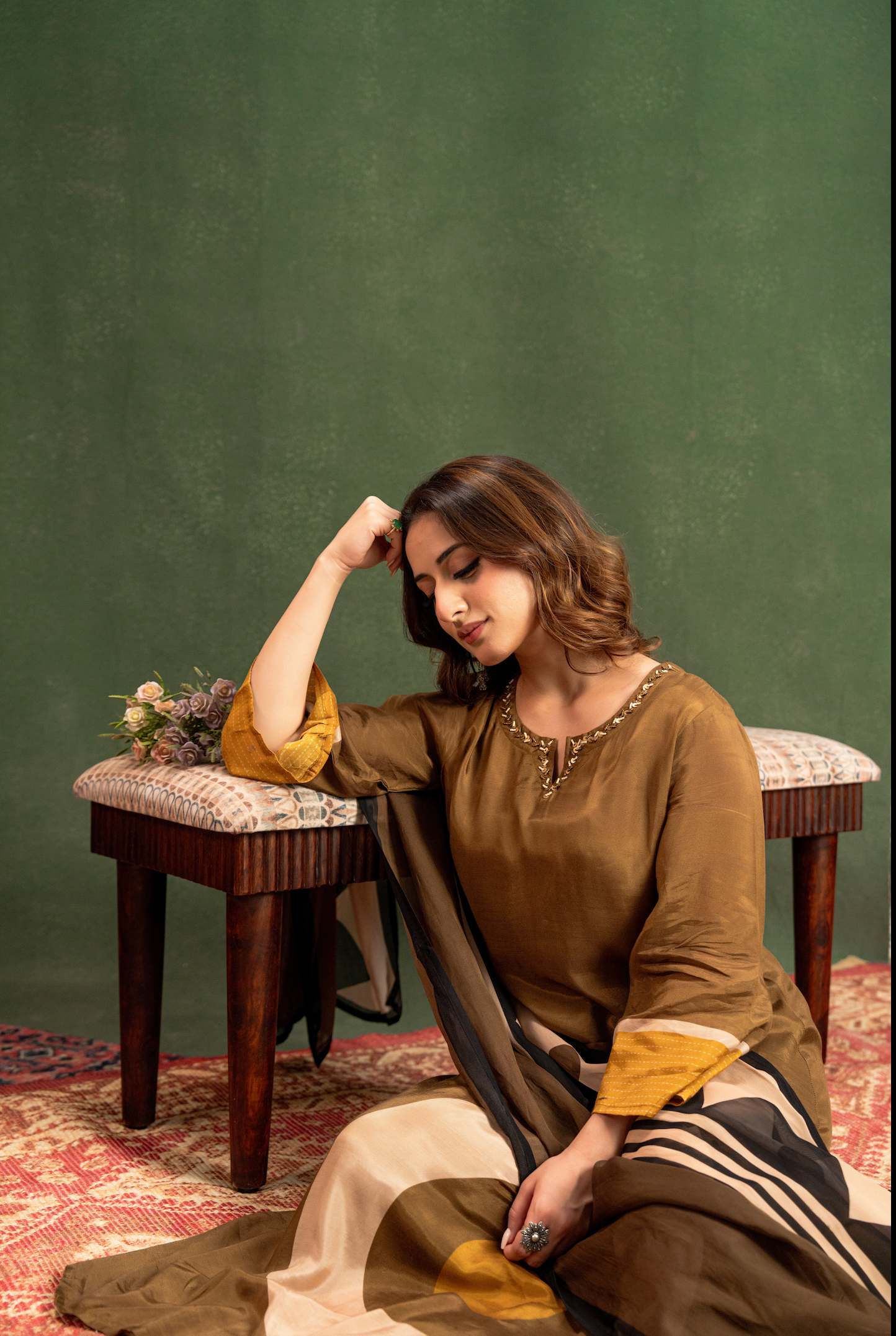 Olive Brown Elegance Pure Muslin Suit Set