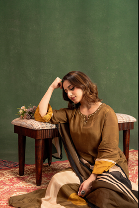 Olive Brown Elegance Pure Muslin Suit Set