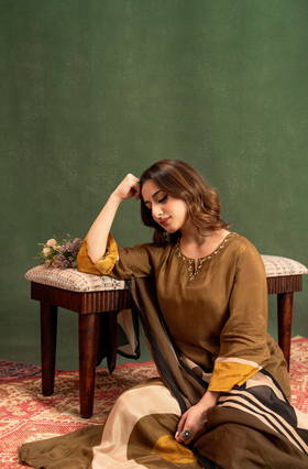 Olive Brown Elegance Pure Muslin Suit Set