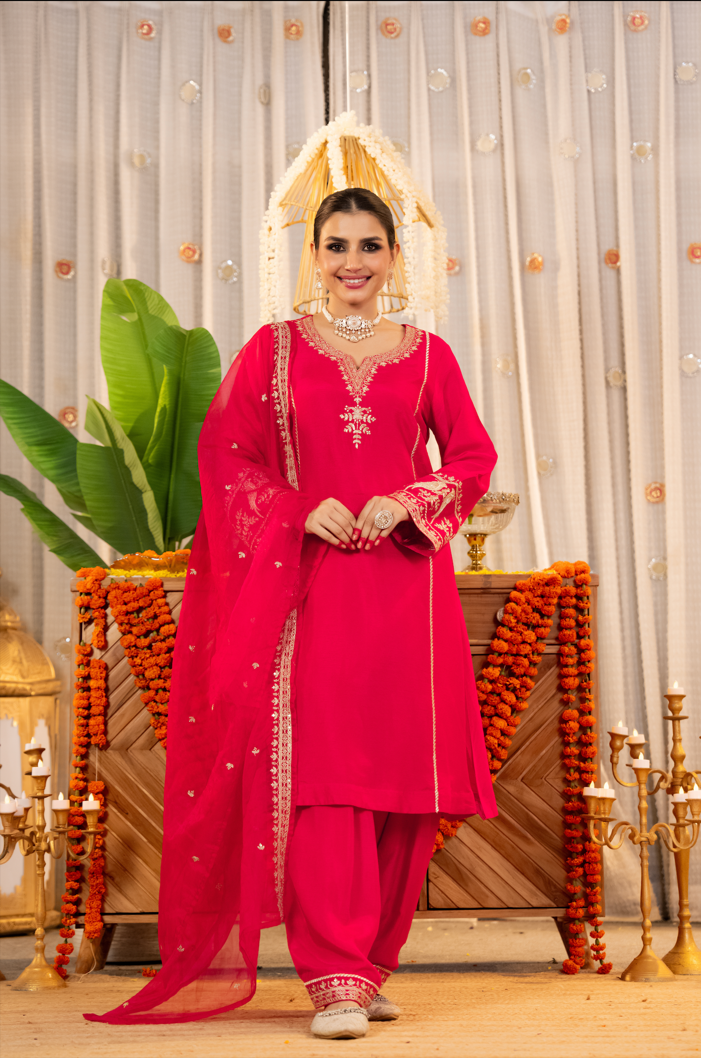 Crimson Glow Dola Silk Suit Set