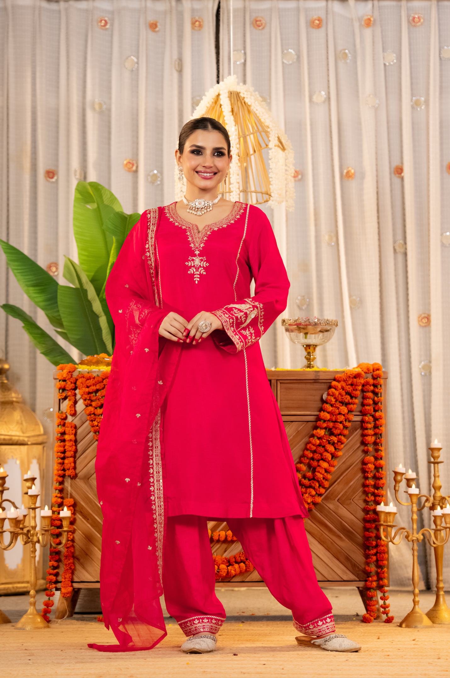 Crimson Glow Dola Silk Suit Set