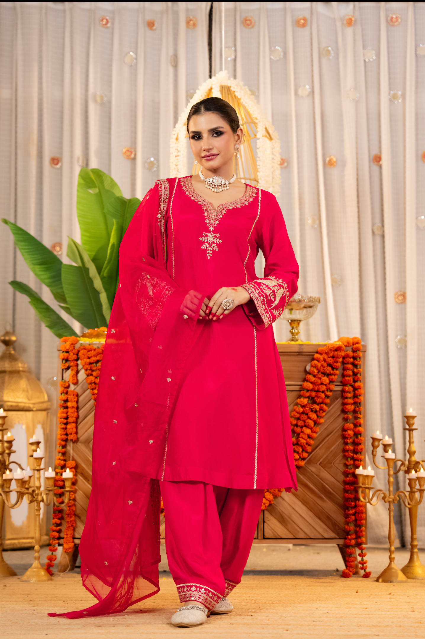 Crimson Glow Dola Silk Suit Set