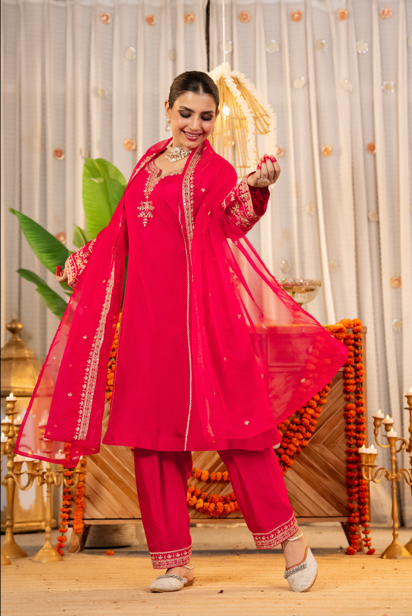 Crimson Glow Dola Silk Suit Set