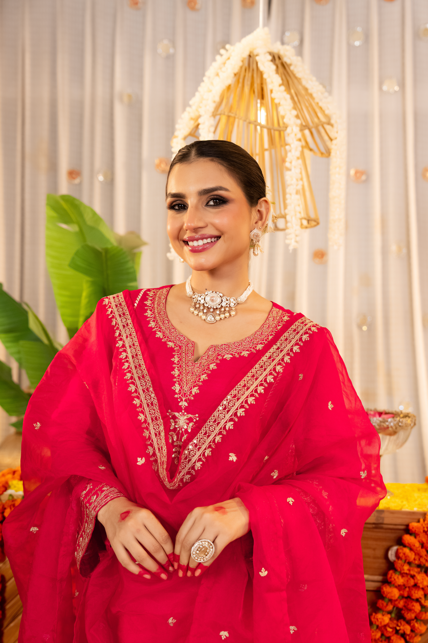 Crimson Glow Dola Silk Suit Set