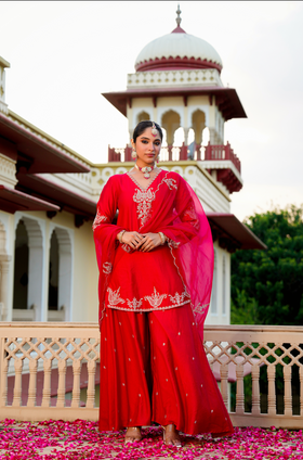 Karwa Crimson Satoori Silk Garara Suit Set