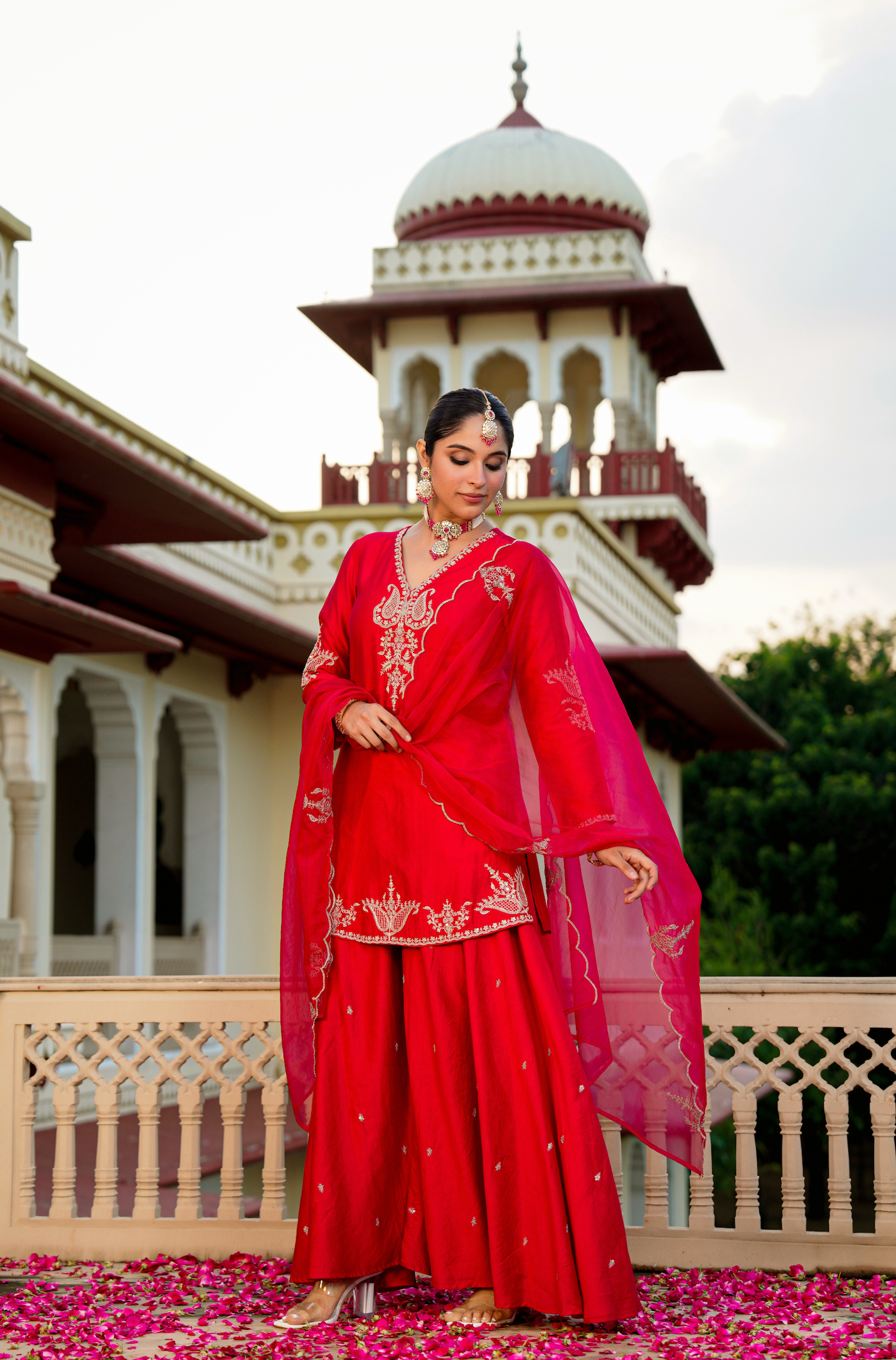 Karwa Crimson Satoori Silk Garara Suit Set