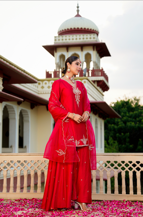Karwa Crimson Satoori Silk Garara Suit Set