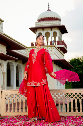 Karwa Crimson Satoori Silk Garara Suit Set