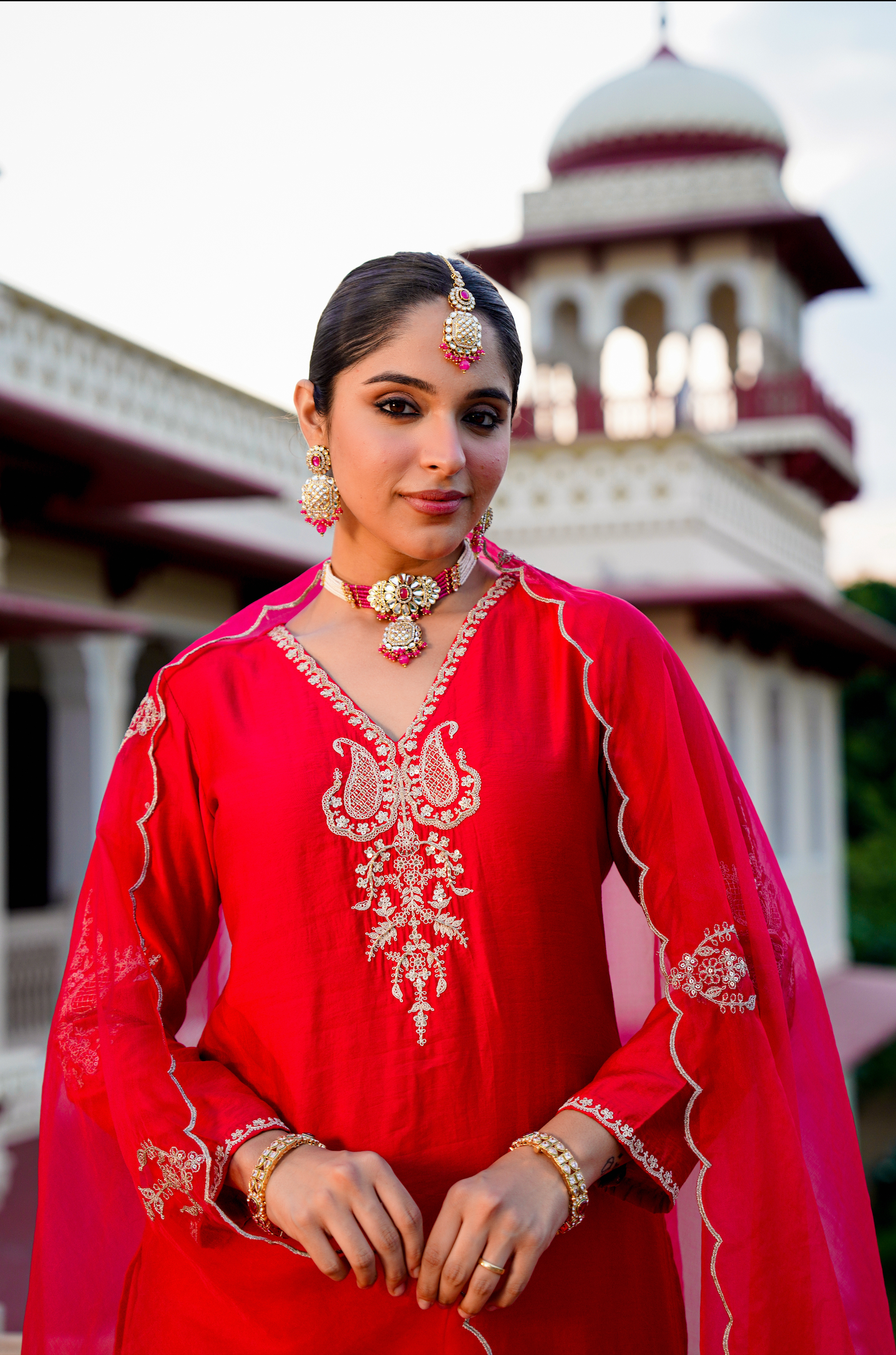 Karwa Crimson Satoori Silk Garara Suit Set