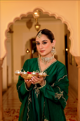 Emerald Green Satoori Silk Garara Suit Set