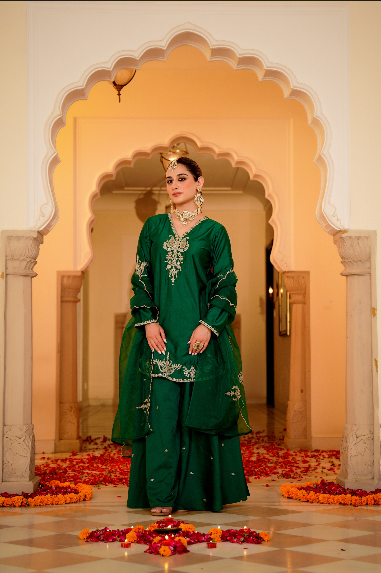 Emerald Green Satoori Silk Garara Suit Set